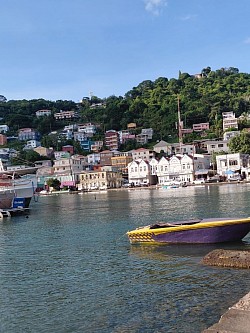 Picturesque Carenage scenery illustrating the serenity of the calm sea with buidings outlined on the hillside region.